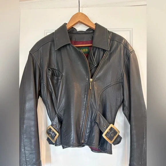 Vintage Danier 100% Leather Zip Biker Jkt, Lined, adjustable straps, Navy, M - Picture 2 of 16